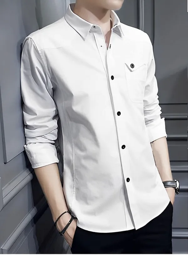 White_Cotton_Stand_Collar_Shirt_For_Men