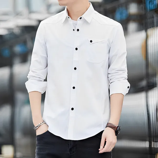 White_Cotton_Stand_Collar_Shirt_For_Men