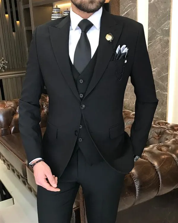 Black_Terry_Cotton_Single_Breasted_3_Piece_Suit_For_Men