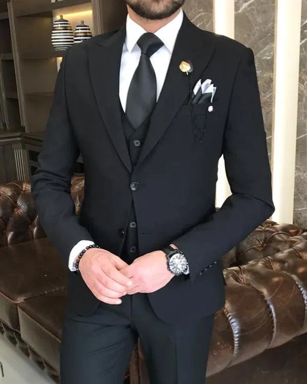 Black_Terry_Cotton_Single_Breasted_3_Piece_Suit_For_Men