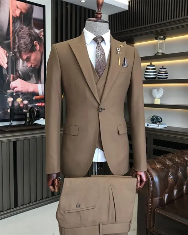 Camel_Terry_Cotton_Single_Breasted_3_Piece_Suit_For_Men