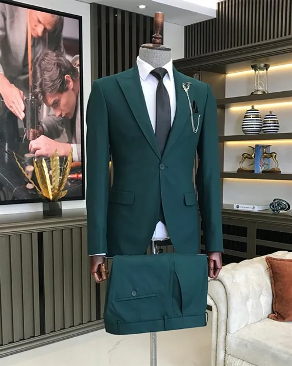 Army_Green_Terry_Cotton_Single_Breasted_3_Piece_Suit_For_Men