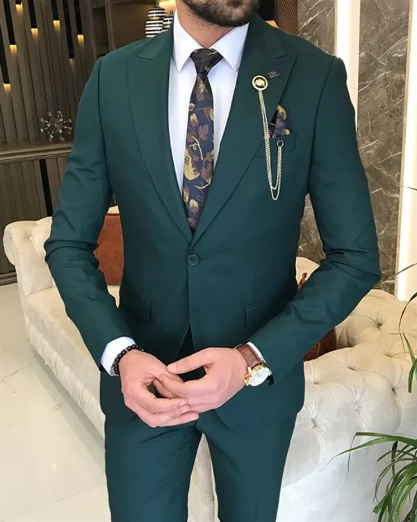 Army_Green_Terry_Cotton_Single_Breasted_3_Piece_Suit_For_Men