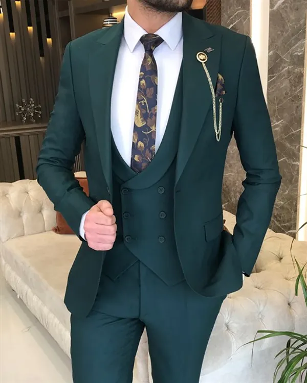 Army_Green_Terry_Cotton_Single_Breasted_3_Piece_Suit_For_Men