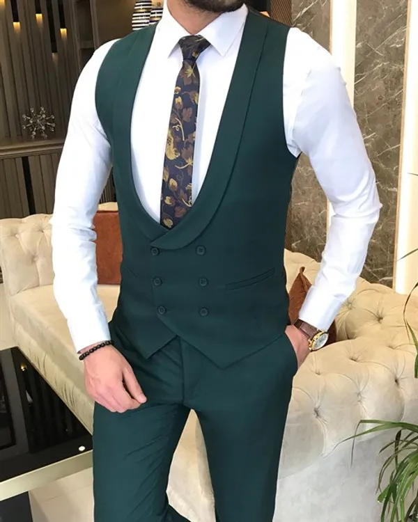 Army_Green_Terry_Cotton_Single_Breasted_3_Piece_Suit_For_Men