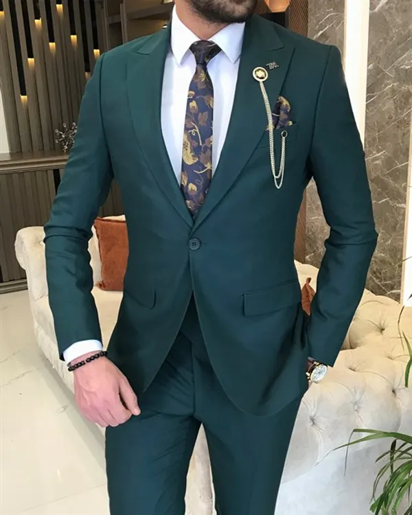 Army_Green_Terry_Cotton_Single_Breasted_3_Piece_Suit_For_Men