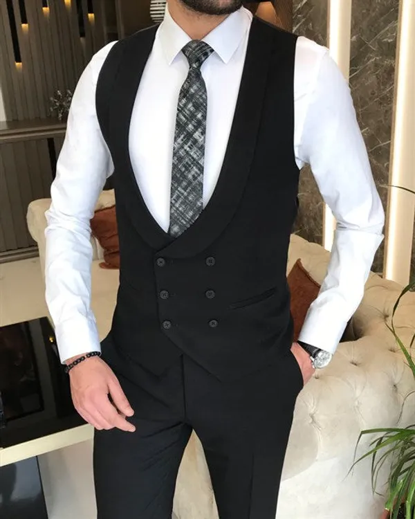 Black_Terry_Cotton_Single_Breasted_3_Piece_Suit_For_Men