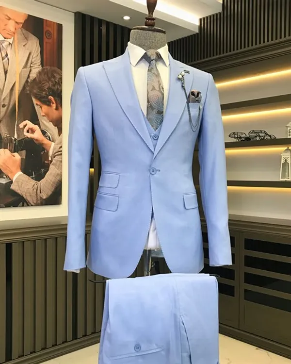 Blue_Terry_Cotton_Single_Breasted_3_Piece_Suit_For_Men