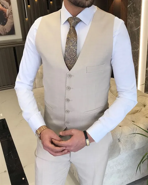 Beige_Terry_Cotton_Single_Breasted_3_Piece_Suit_For_Men