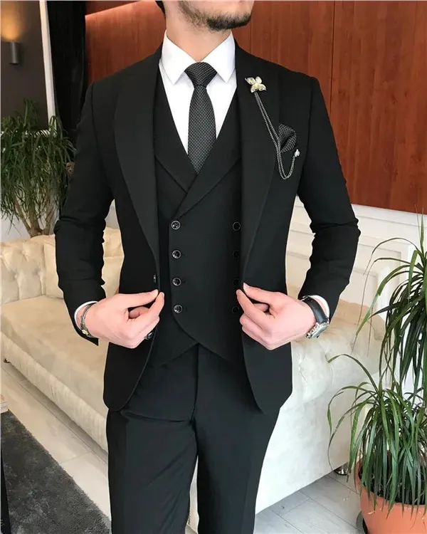 Black_Terry_Cotton_Single_Breasted_3_Piece_Suit_For_Men