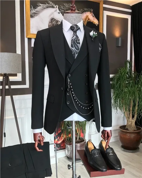 Black_Terry_Cotton_Single_Breasted_3_Piece_Suit_For_Men