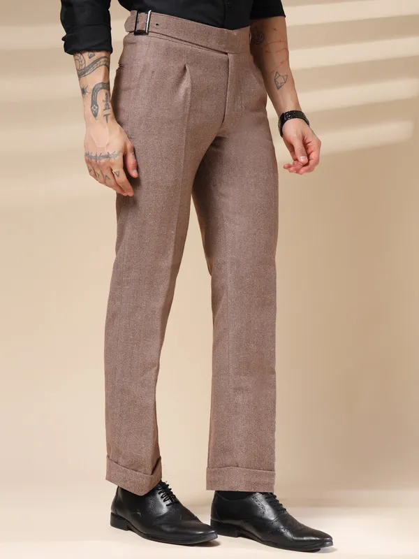 Khaki_Herringbone_Boot_Cut_Gurkha_Trousers_For_Men