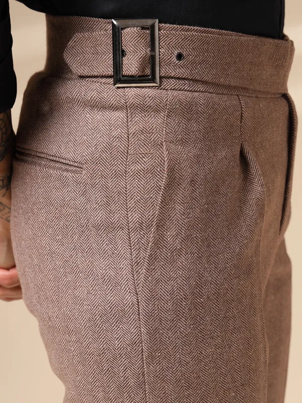 Khaki_Herringbone_Boot_Cut_Gurkha_Trousers_For_Men