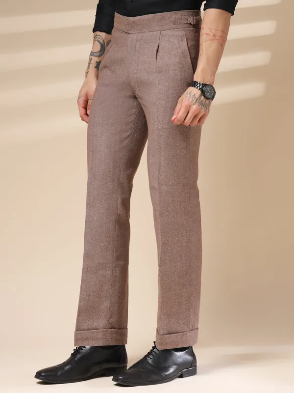 Khaki_Herringbone_Boot_Cut_Gurkha_Trousers_For_Men