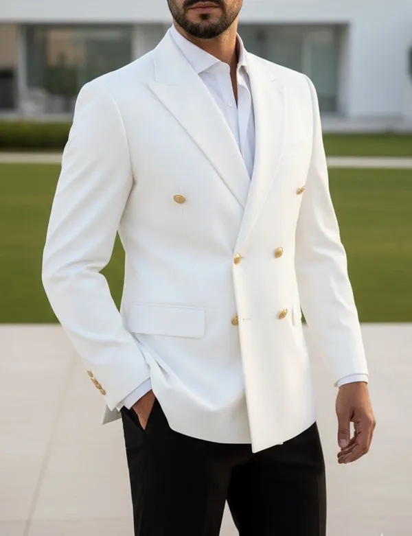 White_Terry_Cotton_Slim_Double_Breasted_Blazer_For_Men