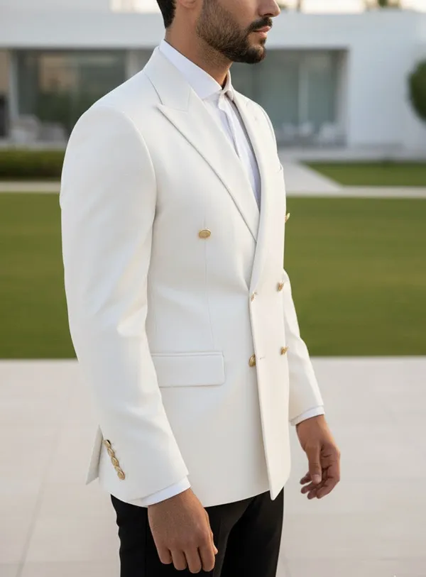 White_Terry_Cotton_Slim_Double_Breasted_Blazer_For_Men