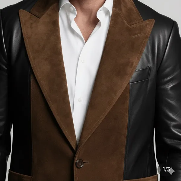 Brown_Black_Suede_Double_Breasted_Peak_Lapel_Blazer_For_Men