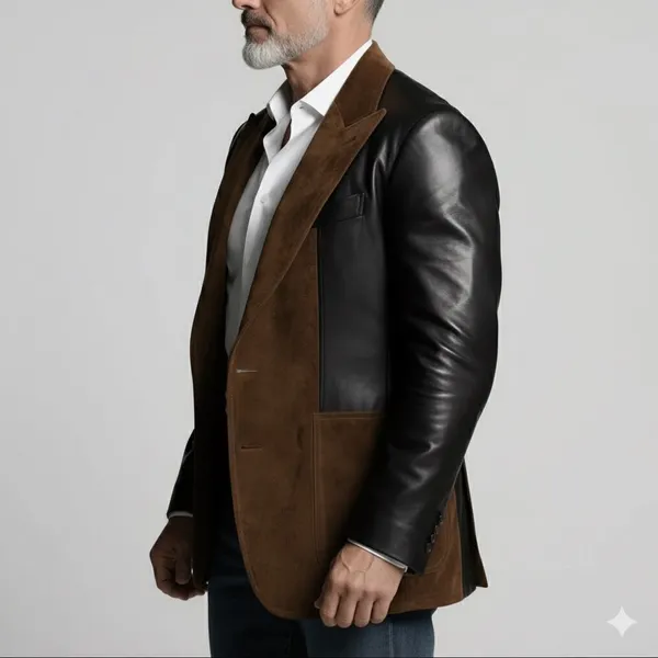 Brown_Black_Suede_Double_Breasted_Peak_Lapel_Blazer_For_Men