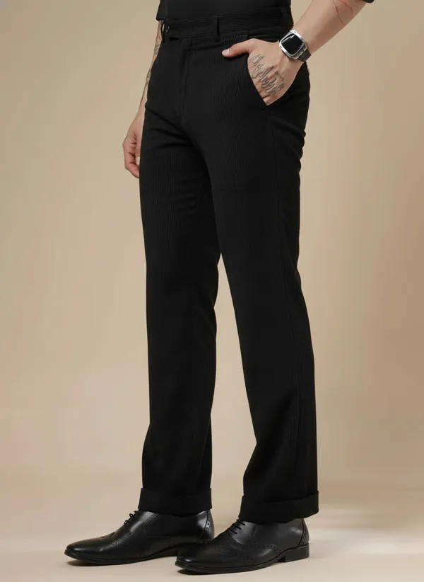 Black_Corduroy_Boot_Cut_Pleated_Formal_Pants_For_Men