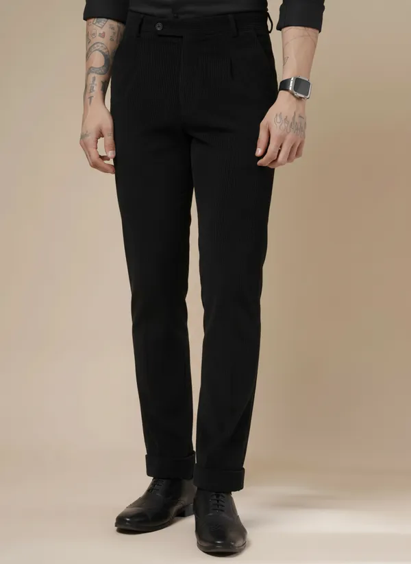 Black_Corduroy_Boot_Cut_Pleated_Formal_Pants_For_Men
