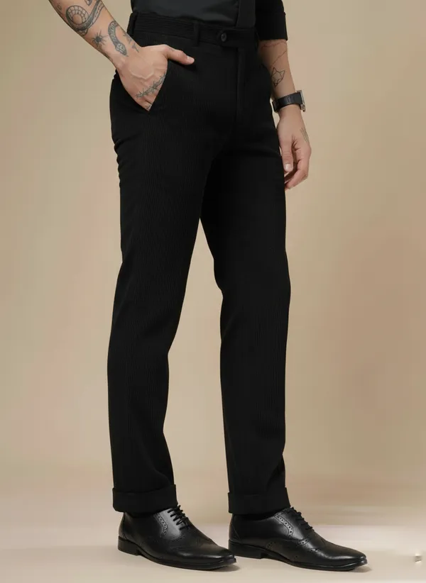 Black_Corduroy_Boot_Cut_Pleated_Formal_Pants_For_Men