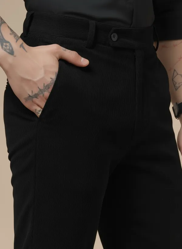 Black_Corduroy_Boot_Cut_Pleated_Formal_Pants_For_Men