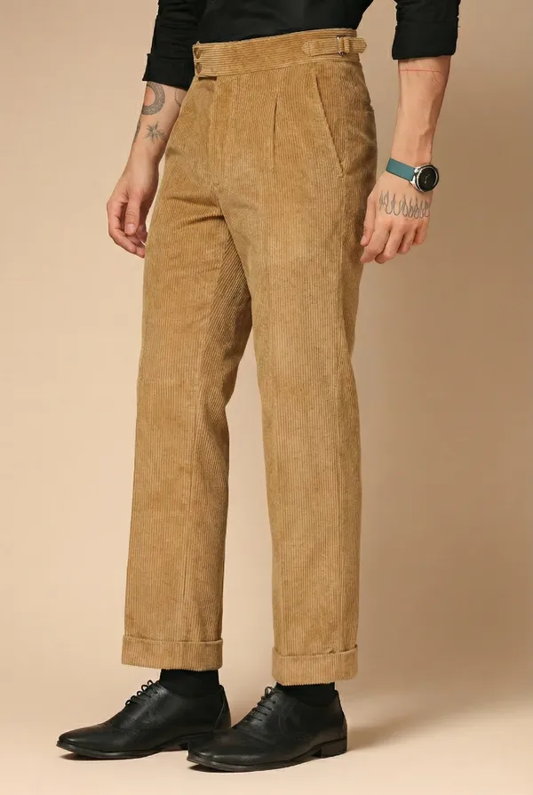 Khaki_Corduroy_Boot_Cut_Buttoned_Gurkha_Pants_For_Men