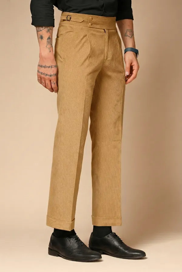 Khaki_Corduroy_Boot_Cut_Buttoned_Gurkha_Pants_For_Men