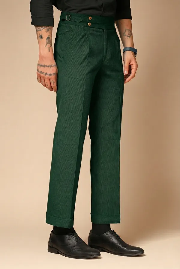 Bottle_Green_Corduroy_Boot_Cut_Buttoned_Gurkha_Pants_For_Men