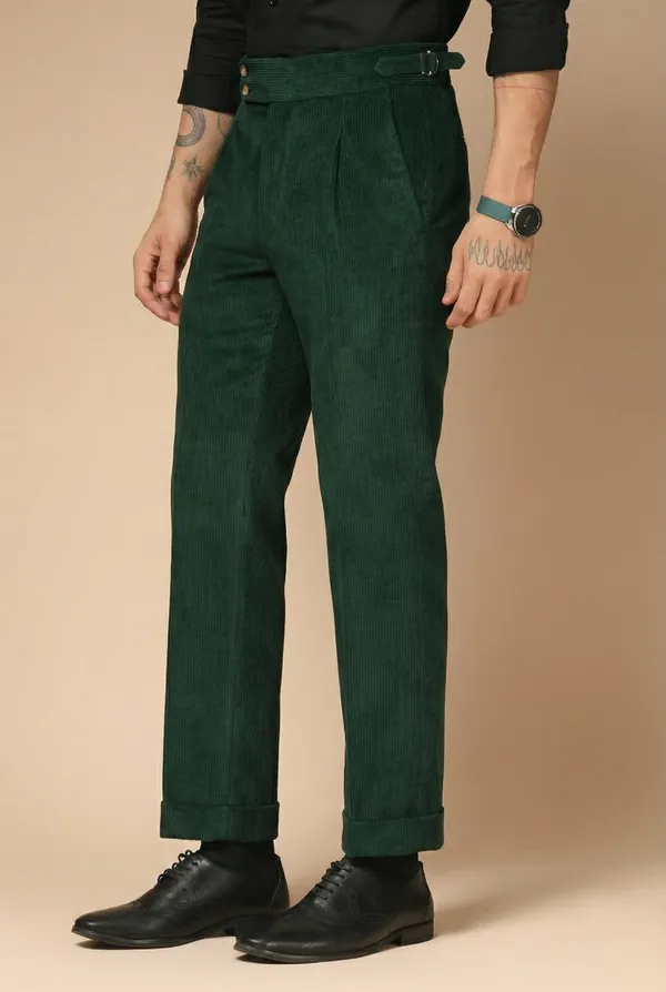 Bottle_Green_Corduroy_Boot_Cut_Buttoned_Gurkha_Pants_For_Men