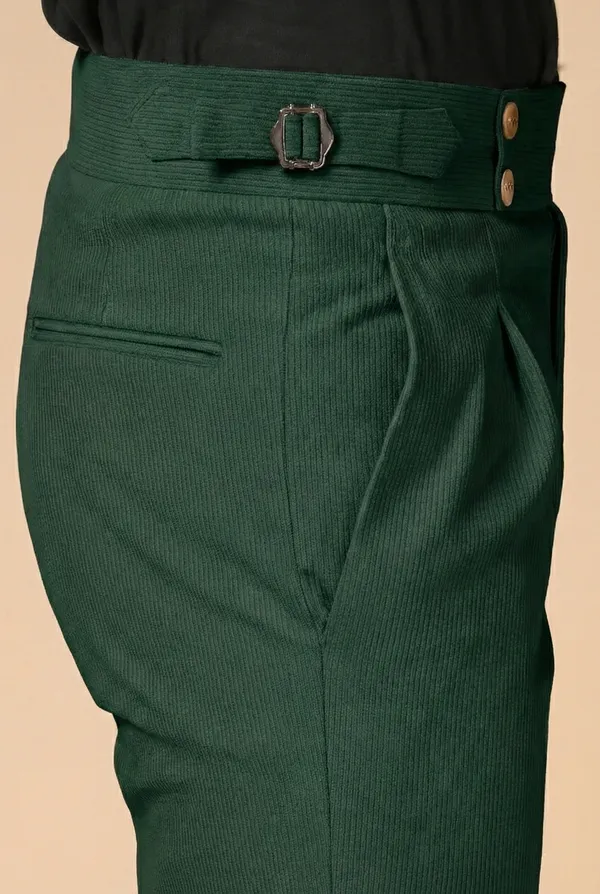 Bottle_Green_Corduroy_Boot_Cut_Buttoned_Gurkha_Pants_For_Men