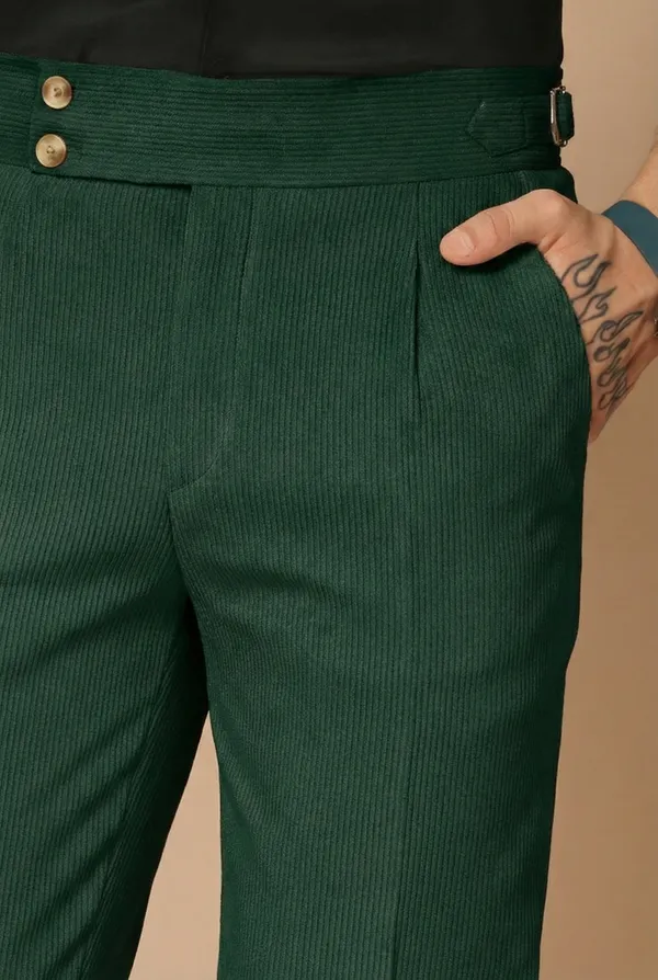Bottle_Green_Corduroy_Boot_Cut_Buttoned_Gurkha_Pants_For_Men