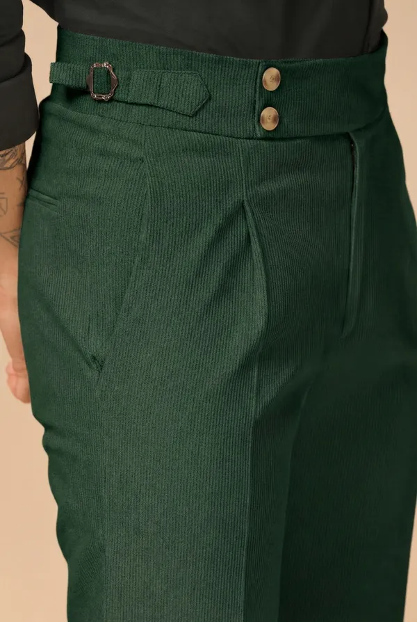 Bottle_Green_Corduroy_Boot_Cut_Buttoned_Gurkha_Pants_For_Men