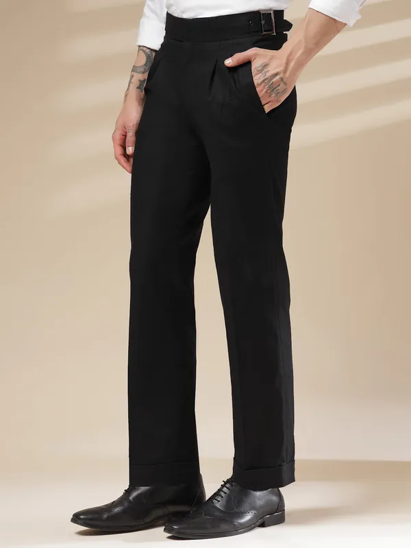 Black_Linen_Boot_Cut_Classic_Buckle_Gurkha_Pants_For_Men