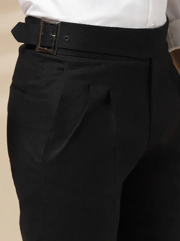 Black_Linen_Boot_Cut_Classic_Buckle_Gurkha_Pants_For_Men