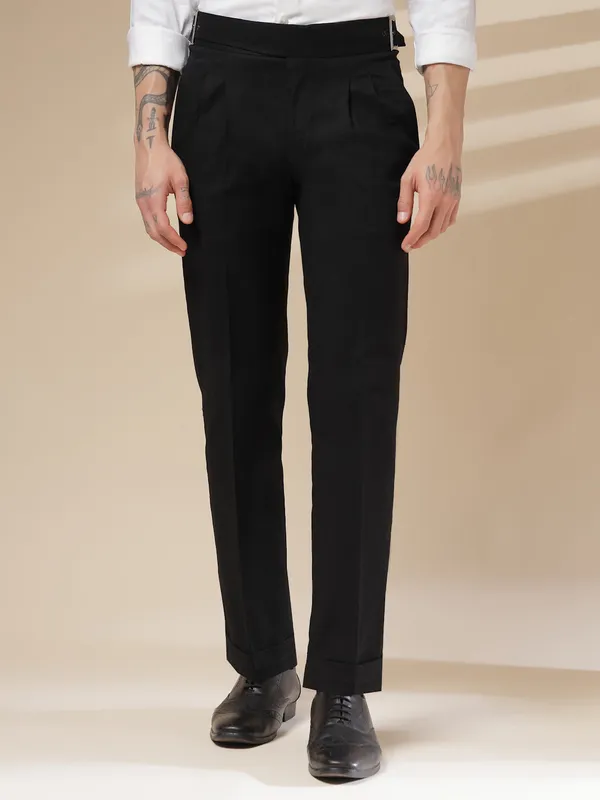 Black_Linen_Boot_Cut_Classic_Buckle_Gurkha_Pants_For_Men