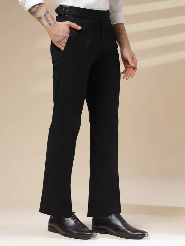Black_Linen_Boot_Cut_Classic_Buckle_Gurkha_Pants_For_Men
