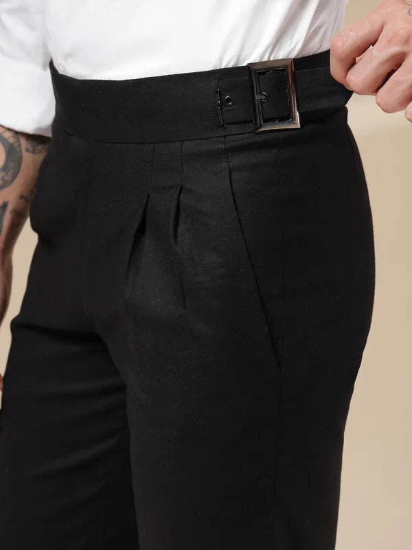 Black_Linen_Boot_Cut_Classic_Buckle_Gurkha_Pants_For_Men