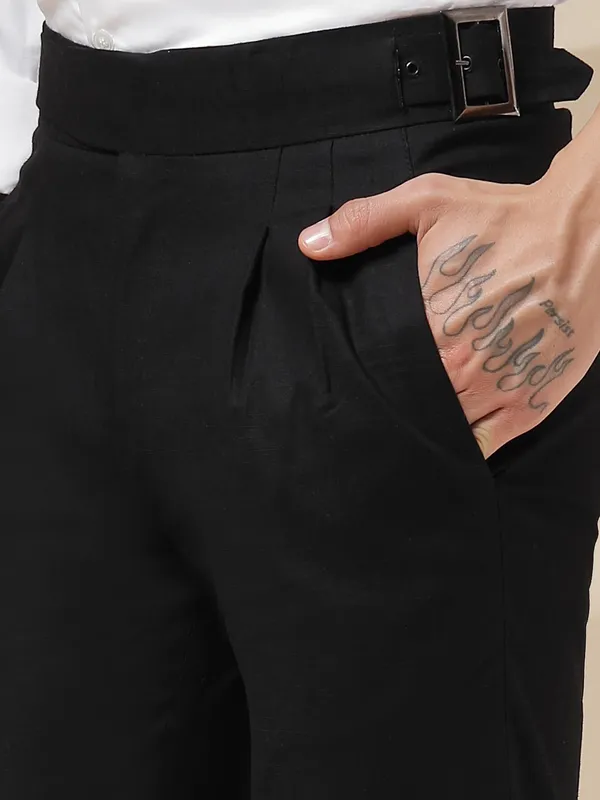 Black_Linen_Boot_Cut_Classic_Buckle_Gurkha_Pants_For_Men