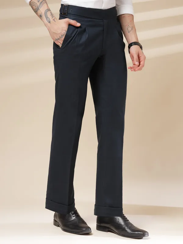 Navy_Linen_Classic_Buckle_Gurkha_Pants_For_Men