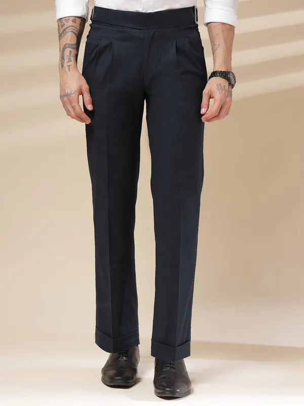 Navy_Linen_Classic_Buckle_Gurkha_Pants_For_Men