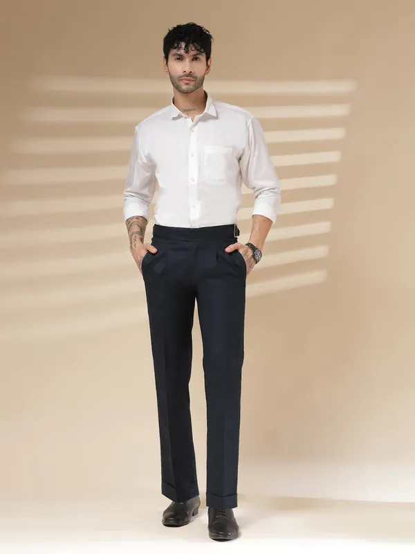 Navy_Linen_Classic_Buckle_Gurkha_Pants_For_Men