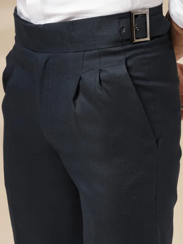 Navy_Linen_Classic_Buckle_Gurkha_Pants_For_Men