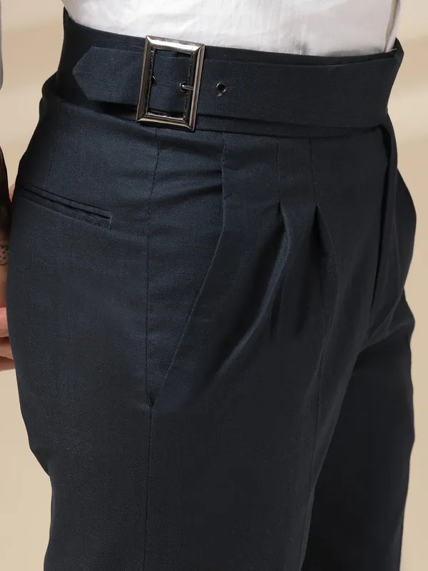 Navy_Linen_Classic_Buckle_Gurkha_Pants_For_Men