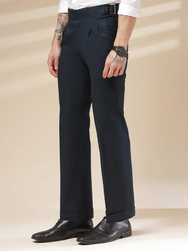 Navy_Linen_Classic_Buckle_Gurkha_Pants_For_Men