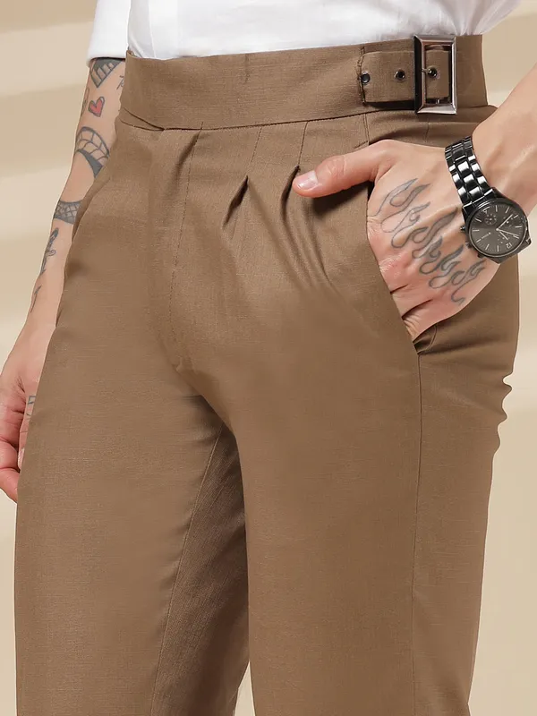 Khaki_Linen_Boot_Cut_Gurkha_Pants_For_Men