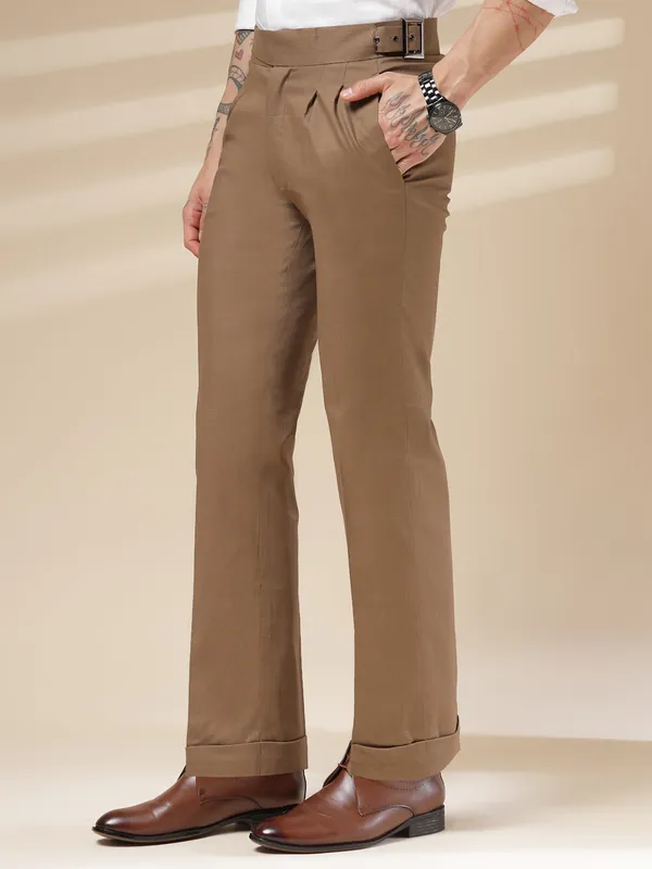 Khaki_Linen_Boot_Cut_Gurkha_Pants_For_Men