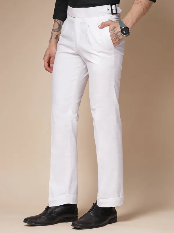 White_Linen_Boot_Cut_Buckle_Gurkha_Trousers_For_Men