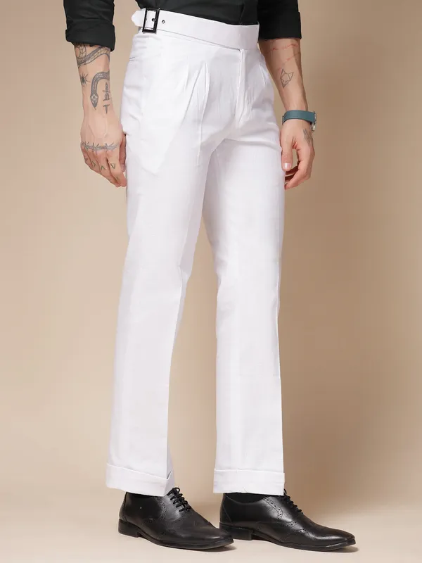 White_Linen_Boot_Cut_Buckle_Gurkha_Trousers_For_Men
