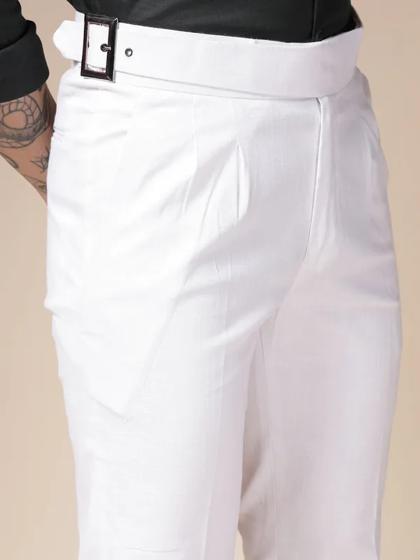 White_Linen_Boot_Cut_Buckle_Gurkha_Trousers_For_Men